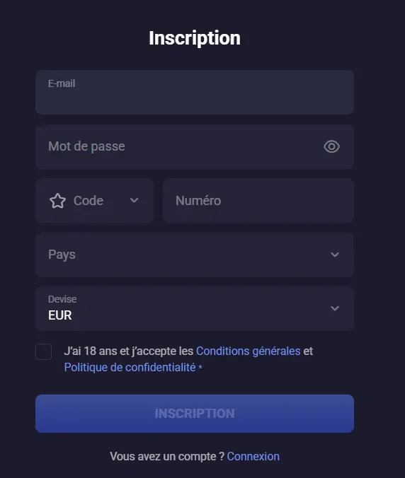 Formulaire d'inscription au casino Spinaura