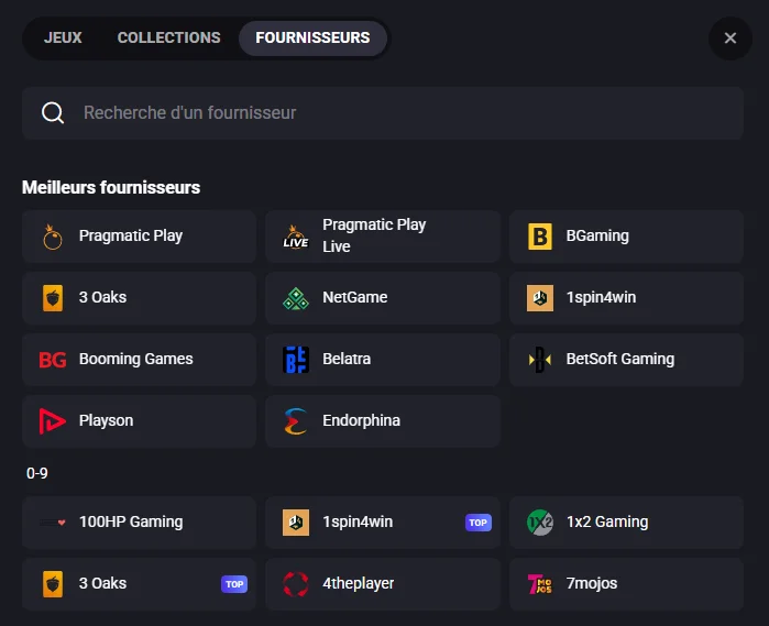 Fournisseurs de jeux Spinaura avec formulaire de recherche